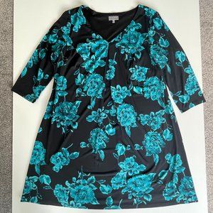 Laura Plus Women Pretty and Charming 3/4 Sleeves Black with Flowers Dress EUC